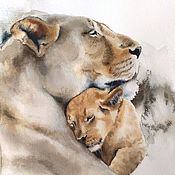 Картины и панно handmade. Livemaster - original item The watercolor paintings and the Lioness (beige grey lions of mother and child). Handmade.