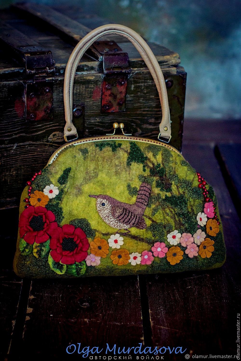Bag author's women's felted with flowers and bird, handmade, Clasp Bag, Chelyabinsk,  Фото №1
