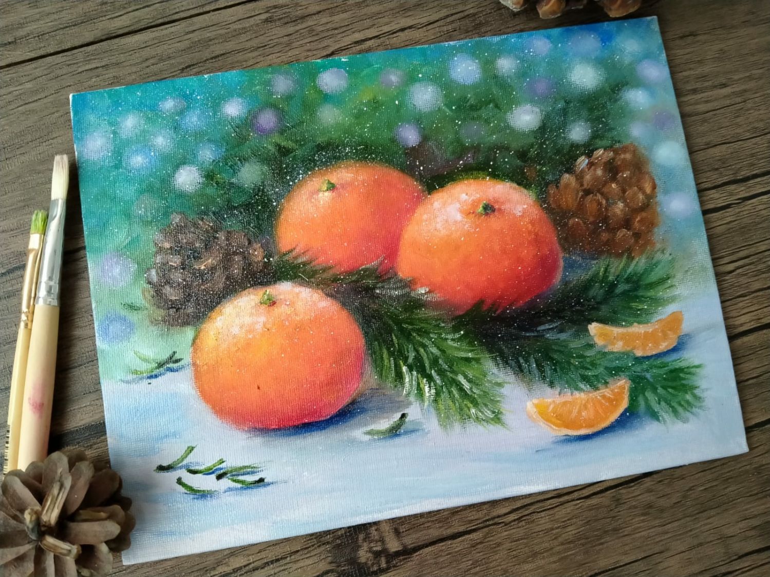 Мандарины и елка#картина с мандаринами #мандаринымаслом#подарок к ново, Картины, Москва,  Фото №1