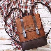 Men's backpack bag-bag made of genuine leather and jeans