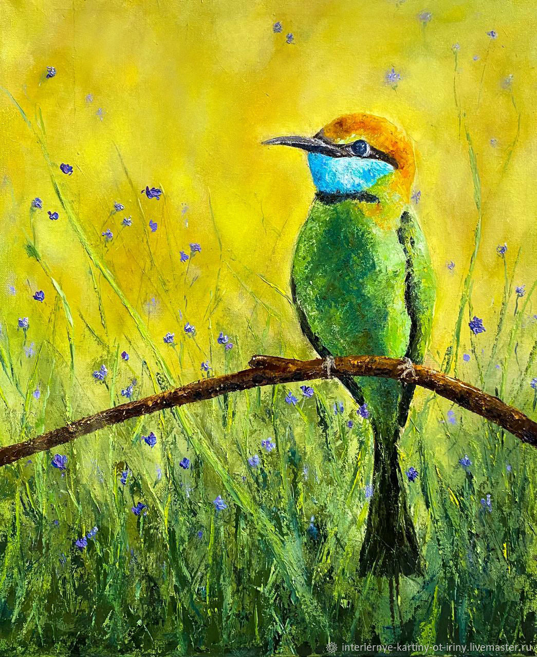Картина птицы на ветке 60х50 см Картина птица зеленая маслом на холсте ...