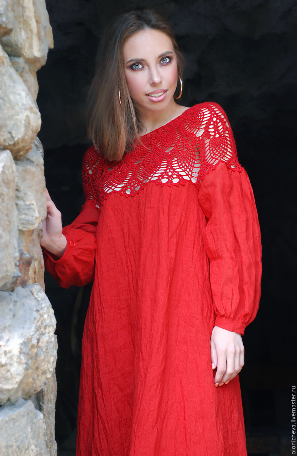 Long linen dress with a knitted yoke ' Scarlet miracle', Dresses, Vinnitsa,  Фото №1