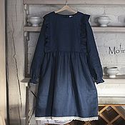 Одежда handmade. Livemaster - original item Women`s linen dress Amelia dark blue with ruffles. Handmade.