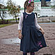 Vestido de tirantes de jeans en microstrip con bordado a mano para niña, Childrens Dress, Sergiev Posad,  Фото №1