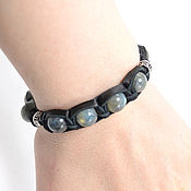Leather bracelet with dumortierite and silver