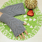 Аксессуары handmade. Livemaster - original item Knitted women`s mittens with a pattern with silk Gray. Handmade.