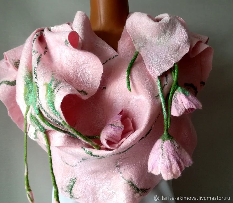 Pink tenderness felted stole made of silk and wool size 56 x 190 cm, Wraps, Berdsk,  Фото №1