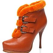 Винтаж handmade. Livemaster - original item Bright winter ankle boots made of natural fur and leather orange. Handmade.