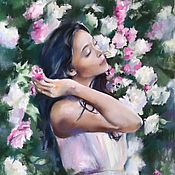 Картины и панно handmade. Livemaster - original item Pastel painting of a Girl in a rose garden (green pink flowers). Handmade.