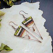 Украшения handmade. Livemaster - original item Triangular earrings with jade Copper long earrings with beads Green. Handmade.