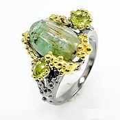 Украшения handmade. Livemaster - original item Silver ring with emerald and chrysolite. Handmade.