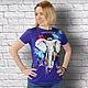 Blue t-shirt with a picture of Indian elephant and Hummingbird hand painted, T-shirts, St. Petersburg,  Фото №1