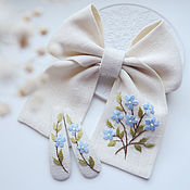 Украшения handmade. Livemaster - original item A bow with embroidery and 2 Forget-me-nots (linen champagne) size medium. Handmade.
