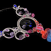 Rudbekia necklace with silk ribbon Shibori silk, simbircite and turquoise