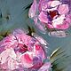 Pink square painting with a peony. Peonies on a dark background with oil, Pictures, Moscow,  Фото №1