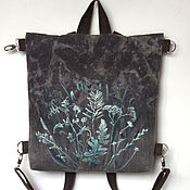 Рюкзак чёрный "Енот", сумка-рюкзак трансформер из льна