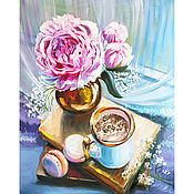 Картины и панно handmade. Livemaster - original item Painting peony and a cup of coffee 