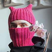 Аксессуары handmade. Livemaster - original item Balaclava, warm hat, with ears, with horns, fuchsia, pink, knitted. Handmade.