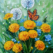 Картина маслом "Ромашки в голубом" букет цветов