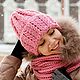 Women's knitted hat, voluminous, with a lapel in the color of a dusty rose, Caps, Novosibirsk,  Фото №1