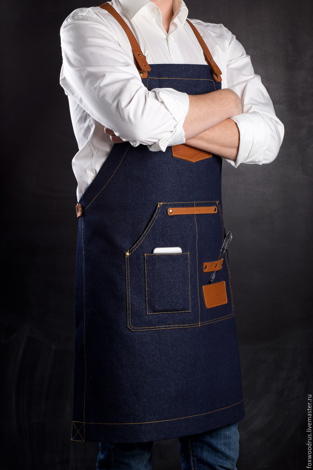 Denim apron with leather straps shop online on Livemaster with