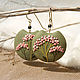 Round green earrings with pink berries made of polymer clay, Earrings, St. Petersburg,  Фото №1