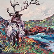 Картины и панно handmade. Livemaster - original item Painting with deer landscape of the north oil 