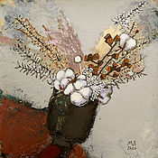 Картины и панно handmade. Livemaster - original item Still Life painting with cotton (grey, beige, terracotta, flowers). Handmade.