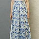 Skirt made of linen, cotton and viscose summer print blue rose with pleats at the waist
