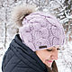 Hat Bini pink and purple, pompom natural raccoon fur, Caps, Kiev,  Фото №1