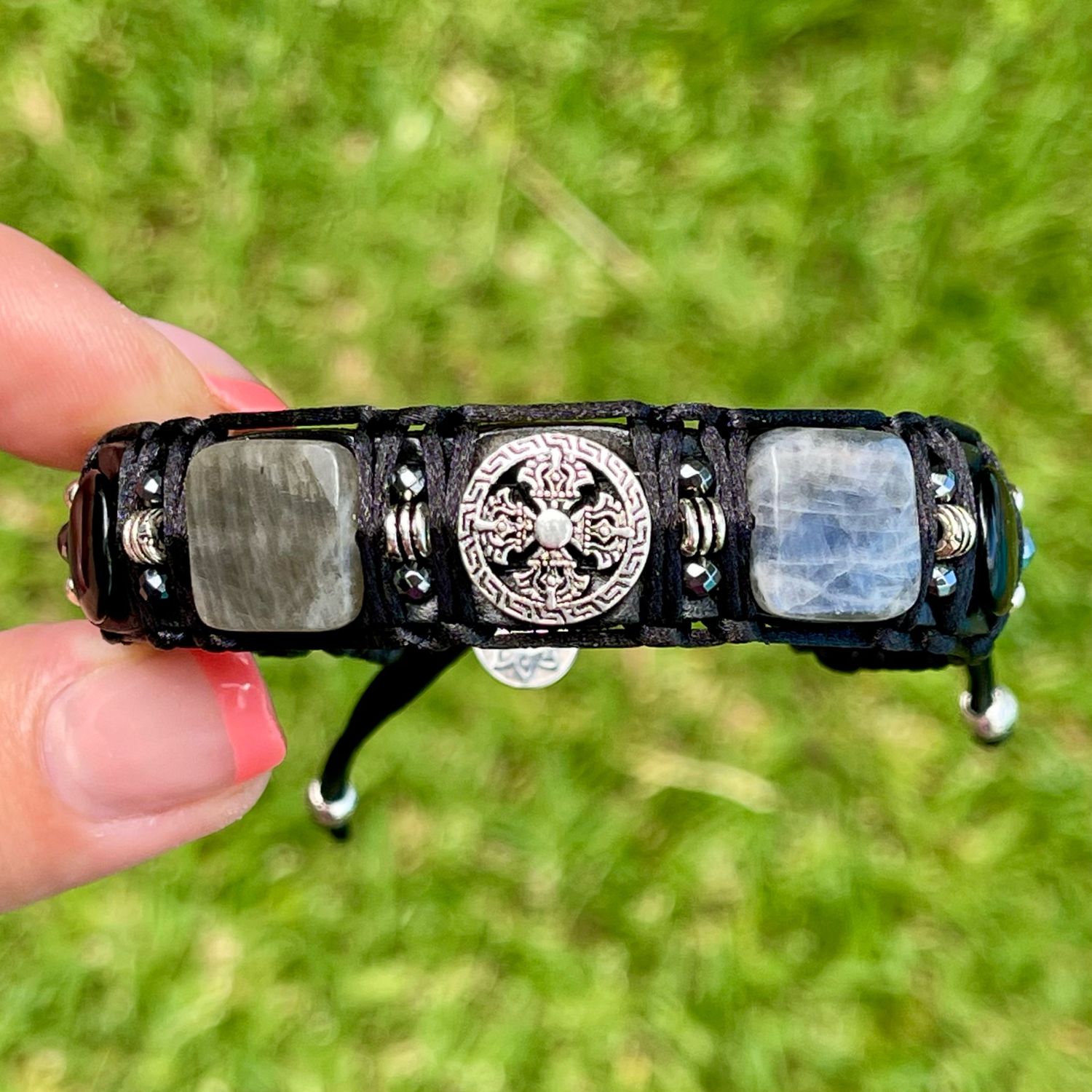 Кожаный мужской браслет с натуральными камнями Оникс Лабрадорит в ...