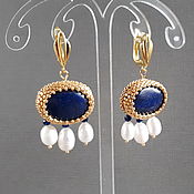 Украшения handmade. Livemaster - original item Blue pearl earrings, Antique earrings with blue stone in gold. Handmade.