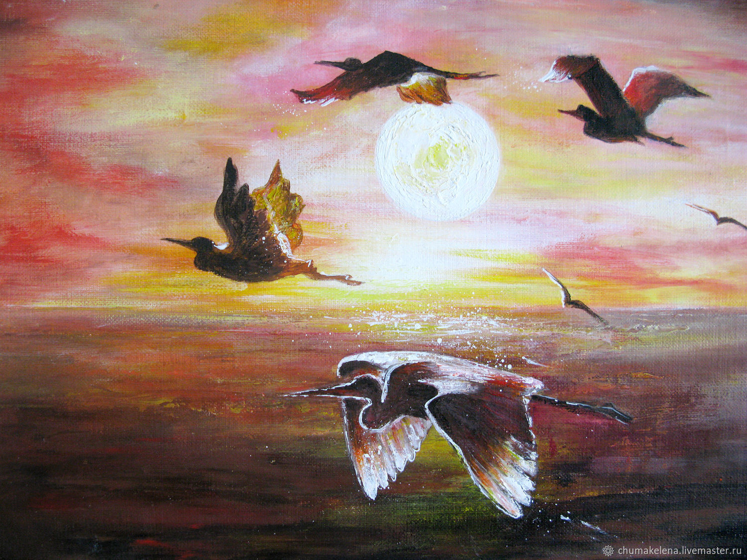 Картина Цапли, летящие птицы на закате. Пейзаж с птицами - акрилом в ...
