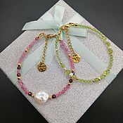 Украшения handmade. Livemaster - original item Bracelet set: pink tourmaline, olivine and pearl. Handmade.