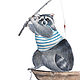 Raccoon watercolor painting - fisherman raccoon, Pictures, Podolsk,  Фото №1