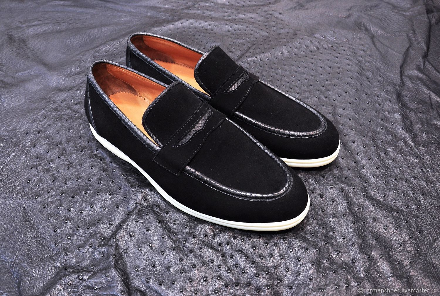 Men's loafers made of genuine suede and genuine python leather, Loafers, St. Petersburg,  Фото №1