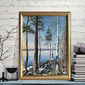 Картины и панно handmade. Livemaster - original item Oil painting early evening landscape with birches and pines. Handmade.