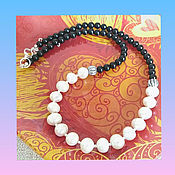 Работы для детей, handmade. Livemaster - original item Beads with Pearls and black agate. Handmade.