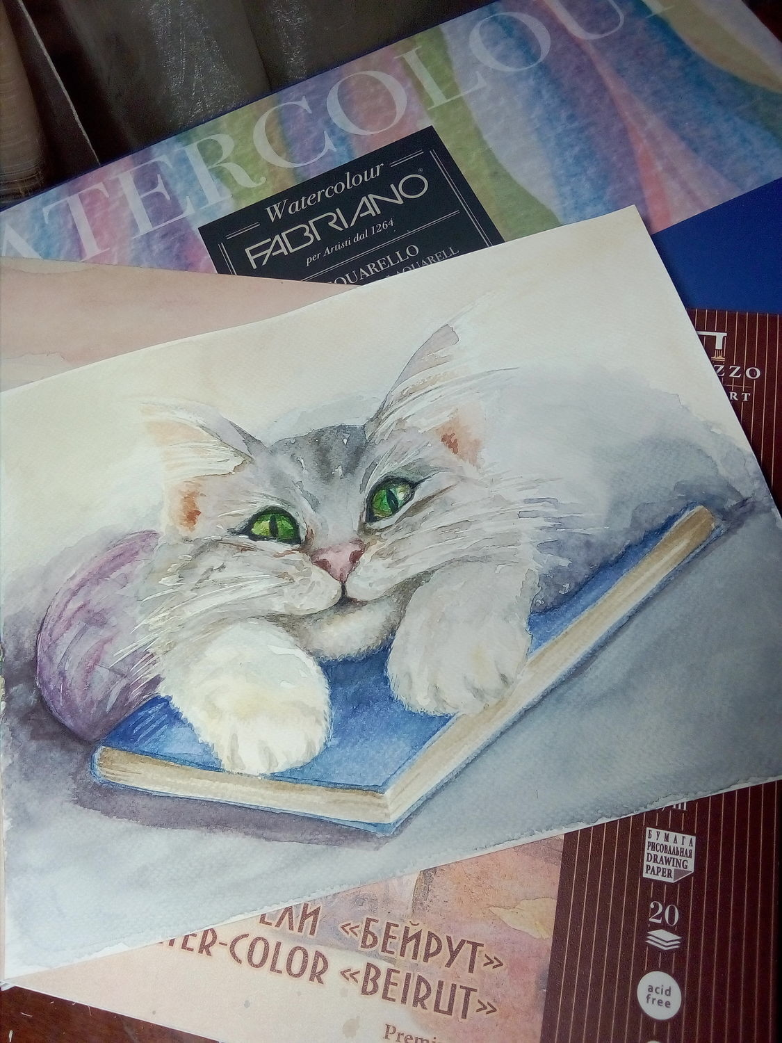 Рисунок с котом акварелью