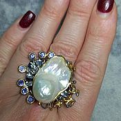 Украшения handmade. Livemaster - original item Snezhana ring with Baroque pearls and tanzanites. Handmade.