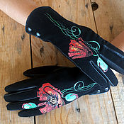 Аксессуары handmade. Livemaster - original item Black women leather gloves.Unique design "Red poppies" Size 6.5. Handmade.
