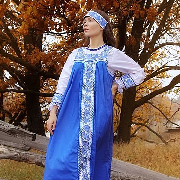 Товары в русском стиле ручной работы. Ярмарка Мастеров - ручная работа Женский костюм с синим сарафаном, арт. 1209. Handmade.