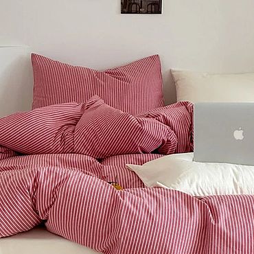 Для дома и интерьера ручной работы. Ярмарка Мастеров - ручная работа Постельный комплект вареный хлопок синяя полоска бежевая простыня. Handmade.