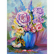 Картины и панно handmade. Livemaster - original item Painting of roses peonies and daisies in a vase 