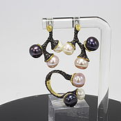 Украшения handmade. Livemaster - original item Jewelry set with pearl, black and gold plated silver PS0015. Handmade.