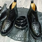 Обувь ручной работы handmade. Livemaster - original item Half-boots and belt made of embossed crocodile skin, in black.. Handmade.