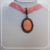 Субкультуры handmade. Livemaster - original item Ribbon with cameo Girl peach color bronze on pink ribbon 18h25. Handmade.