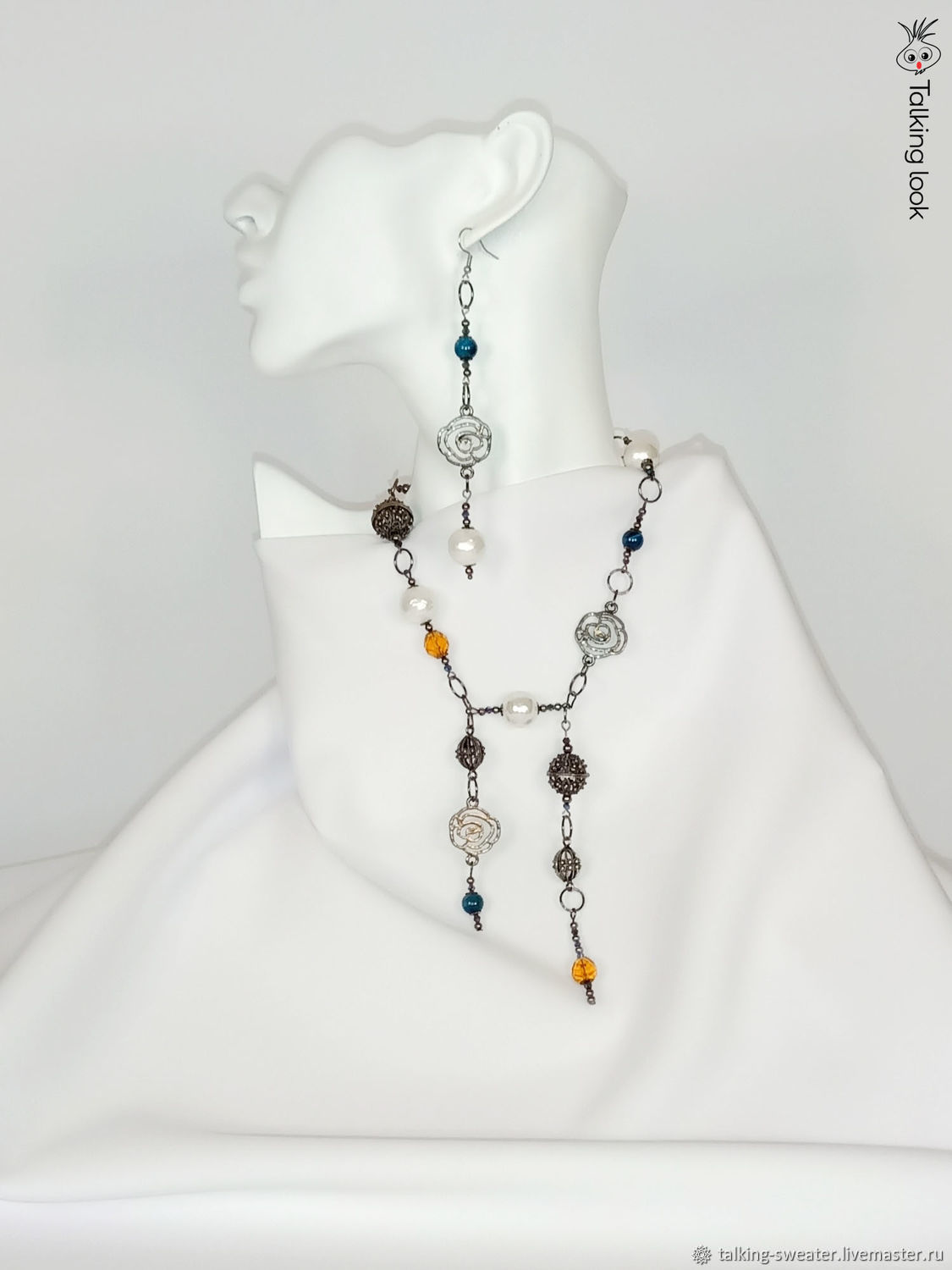 Jewelry set with tiger eye and pearls. Necklace and earrings, Jewelry Sets, St. Petersburg,  Фото №1
