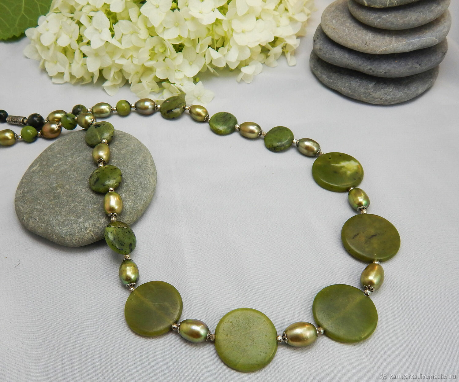 Бусы колье из нефрита и жемчуга, нефрит натуральный в интернет-магазине ...