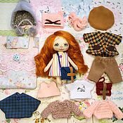 Doll with a set of clothes, play doll, textile, brooch doll